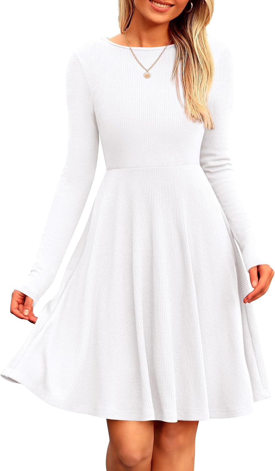 PRETTYGARDEN Women's Fall Short Dress Ribbed Knit Crewneck Long Sleeve A Line Flowy Casual Elegant Going Out Winter Dresses