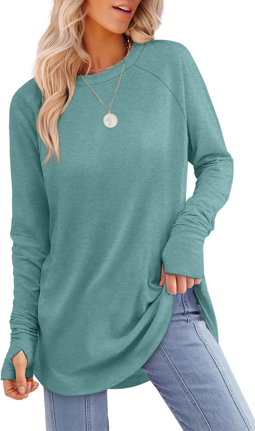 XIEERDUO Womens Tunic Tops to Wear with Leggings Long Sleeve Thumb Hole Shirts Crew Neck Curved Hem