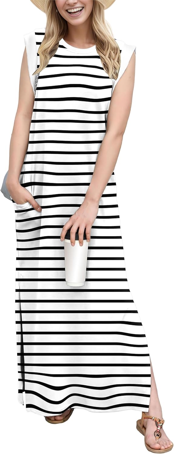 GRECERELLE 2025 Women Year-Round Casual Round Neck Loose Split Wrinkle-Free Long Maxi Vacation Dress with Pockets (XS-3XL)