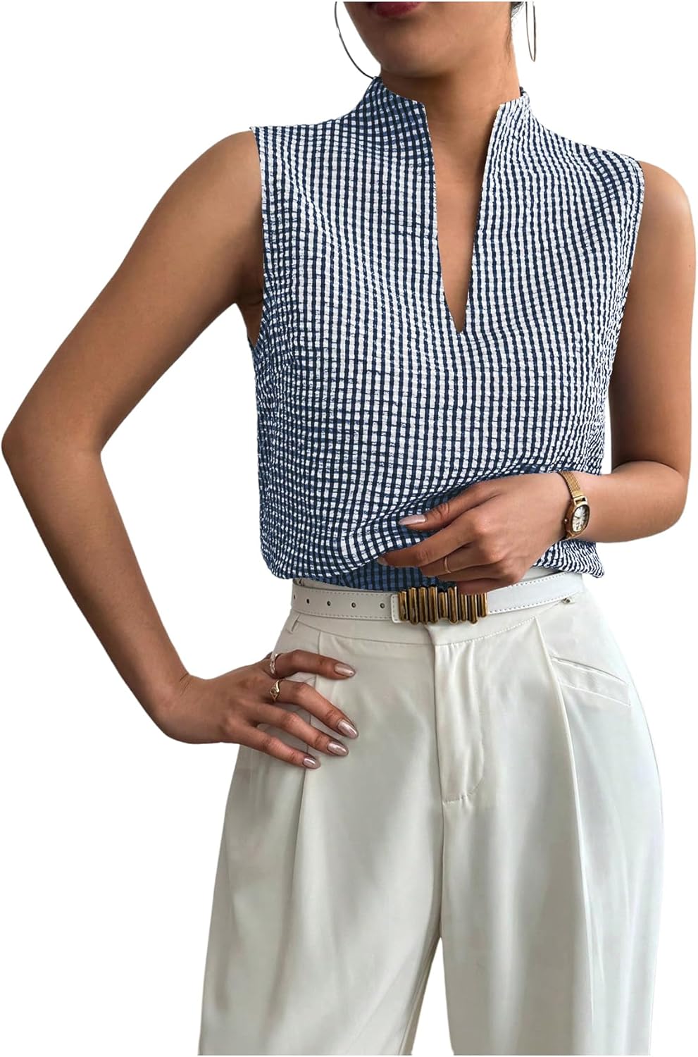 SOLY HUX Women's Work Outfits V Neck Sleeveless Blouses Summer Casual Tank Tops Business Office Dressy Striped Shirts