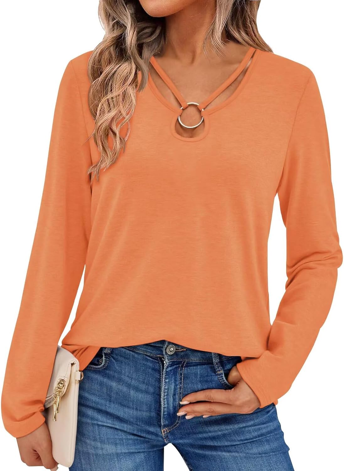 Women's Long Sleeve Tops Keyhole Neck Detail Crew Neck Shirts Ring Cut Out Design Stretchy Tees 2025