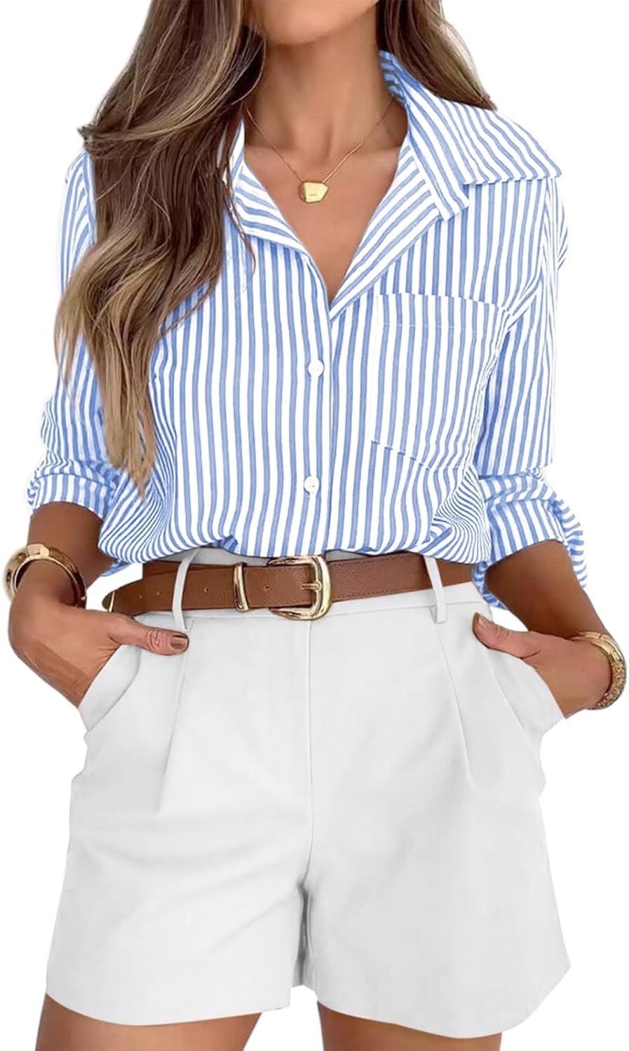 siliteelon Striped Button Down Shirts for Women Dress Shirts Long Sleeve Casual Collared Office Work Shirt with Pocket