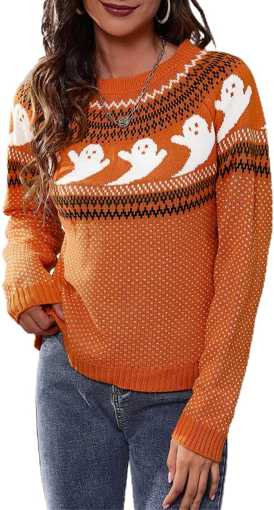 JUNBOON Women’s Casual Leopard Print Knitted Pullover Sweaters Long Sleeve Crew Neck Jumper Tops