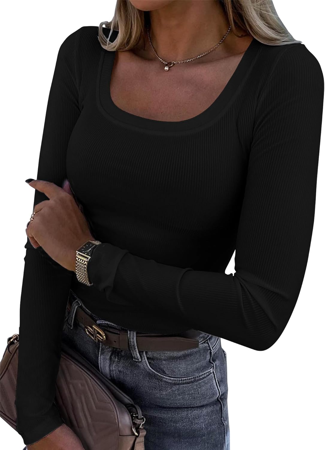 Roselux Womens Long Sleeve Scoop Neck Ribbed Knit Fitted Casual Tops Tee Slim Basic Shirts