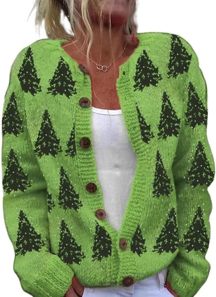 Women's Funny Fall Winter Animal Floral Christmas Tree Long Sleeve Button Knit Cardigan Sweater