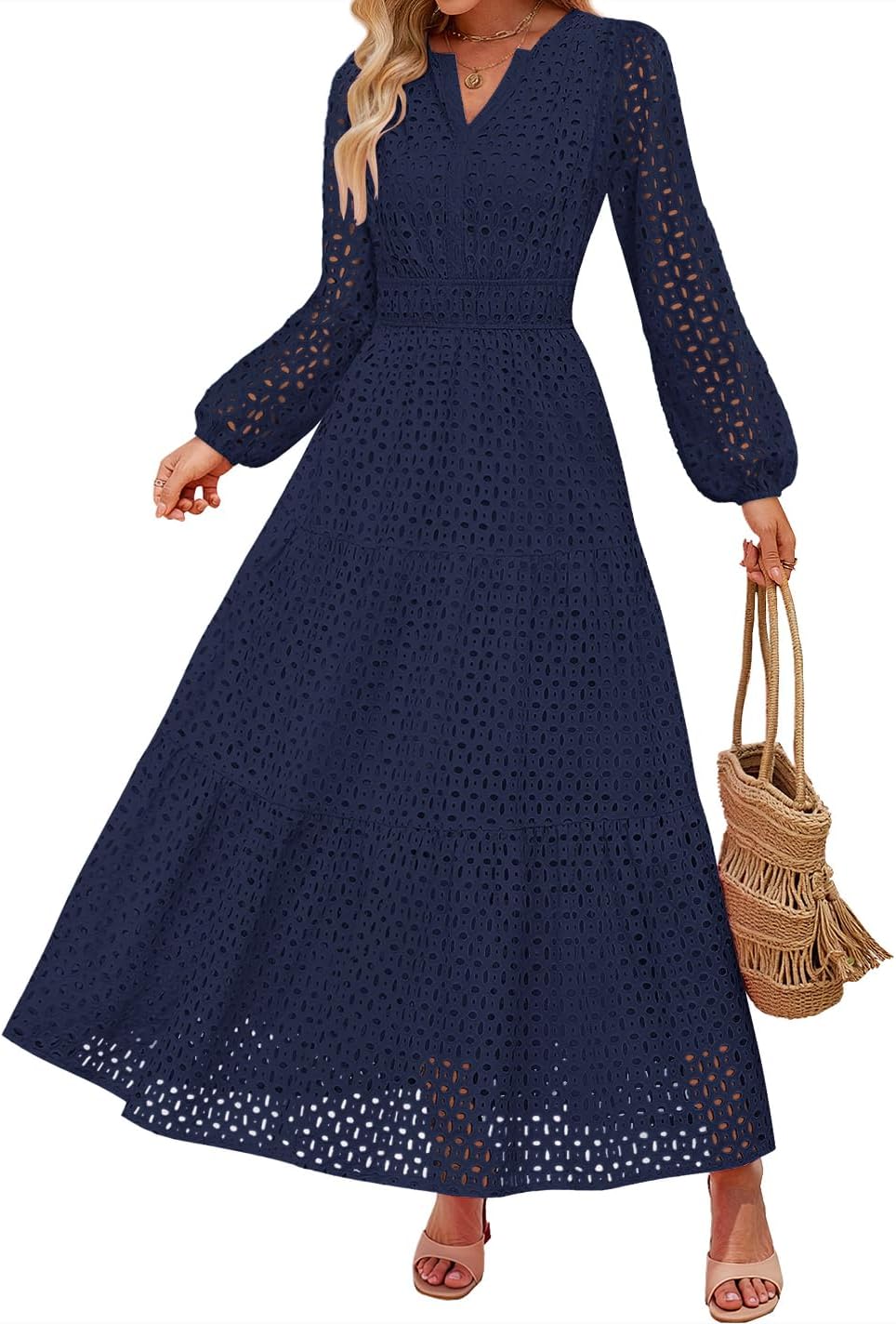ZESICA Women's 2025 Fall Long Sleeve Maxi Dress V Neck Hollow Out Eyelet A Line Long Flowy Casual Party Dresses