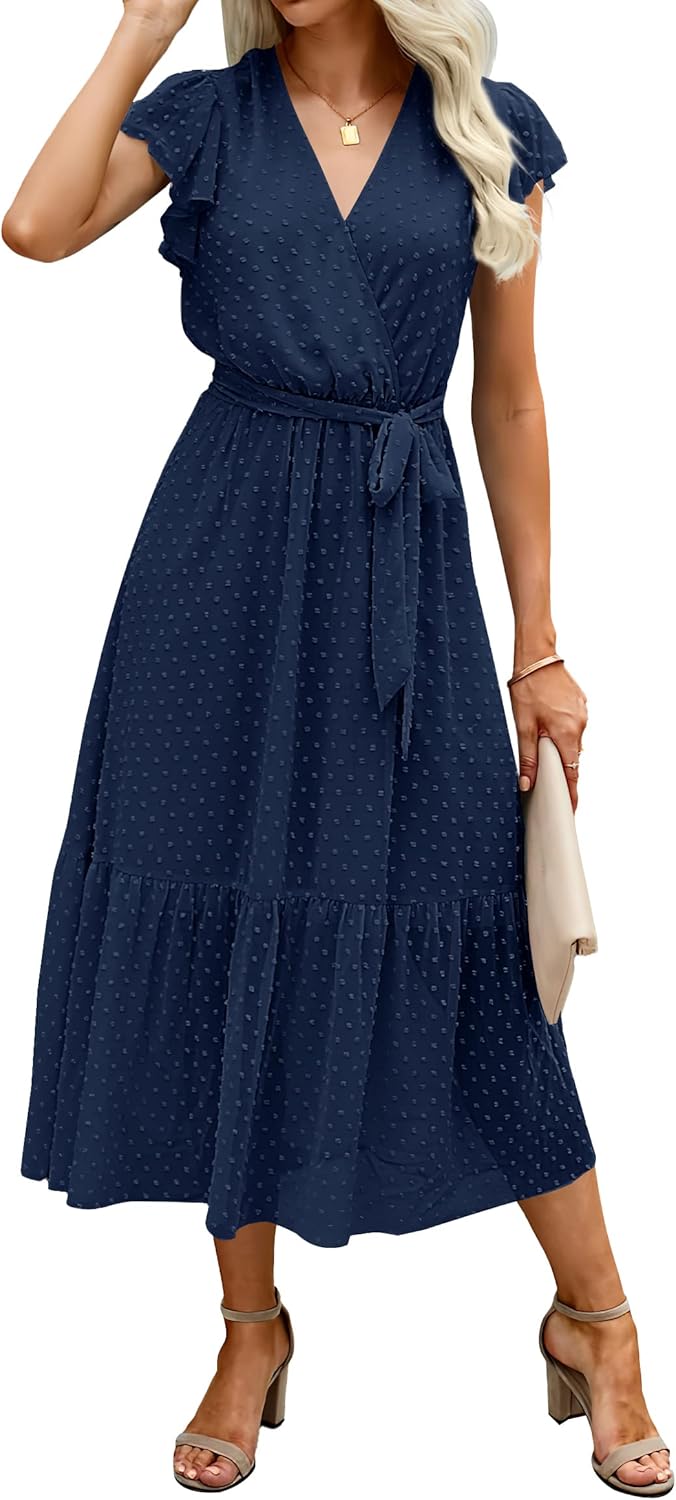 BTFBM Women Summer Bohemian Floral Casual Wrap V Neck Ruffle Cap Sleeveless Belt A-Line Pleated Hem Midi Sun Dress White