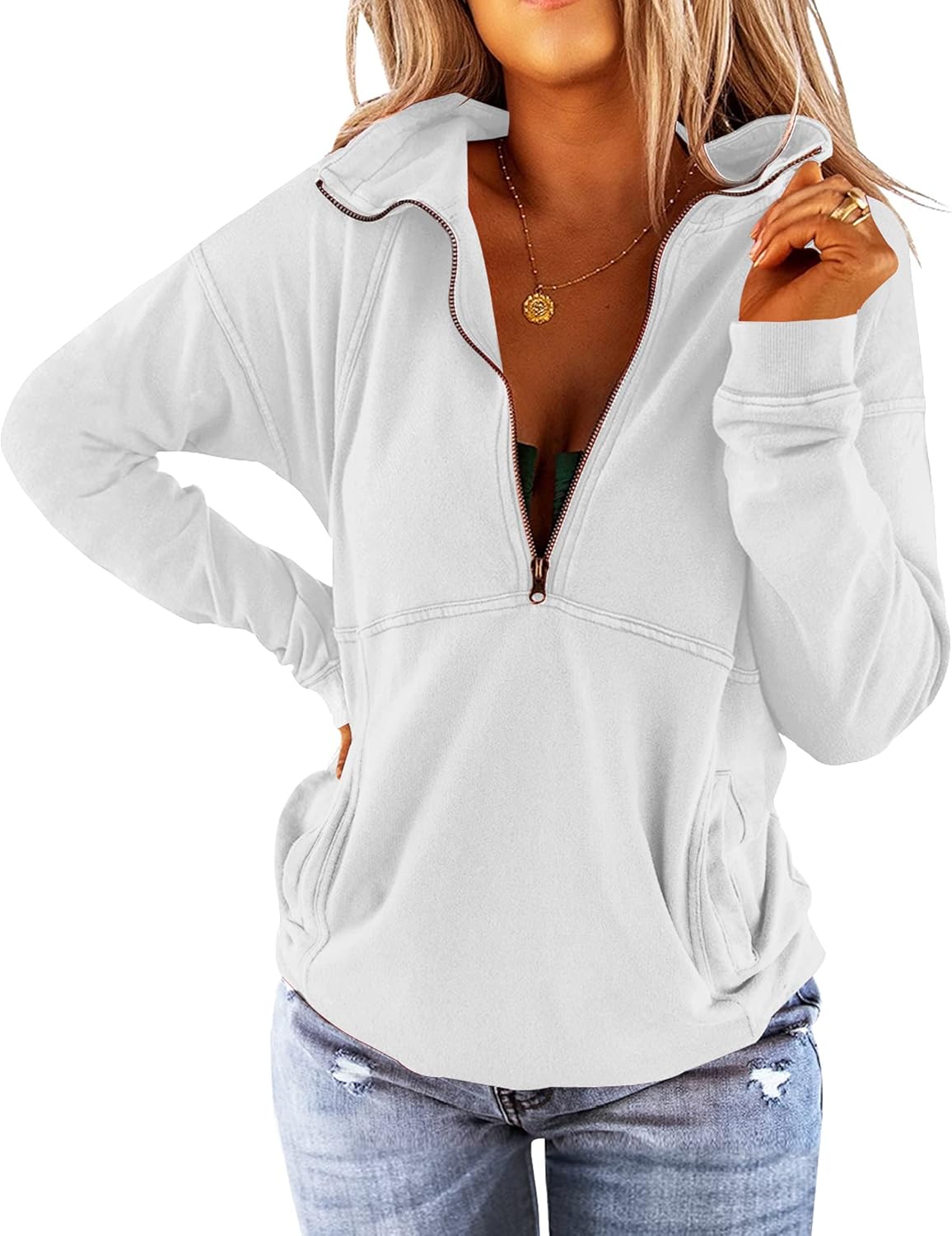 Floral Find Women's Long Sleeve Lapel Half Zip Up Sweatshirt Solid Stylish Loose Fit Casual Pullover Tops