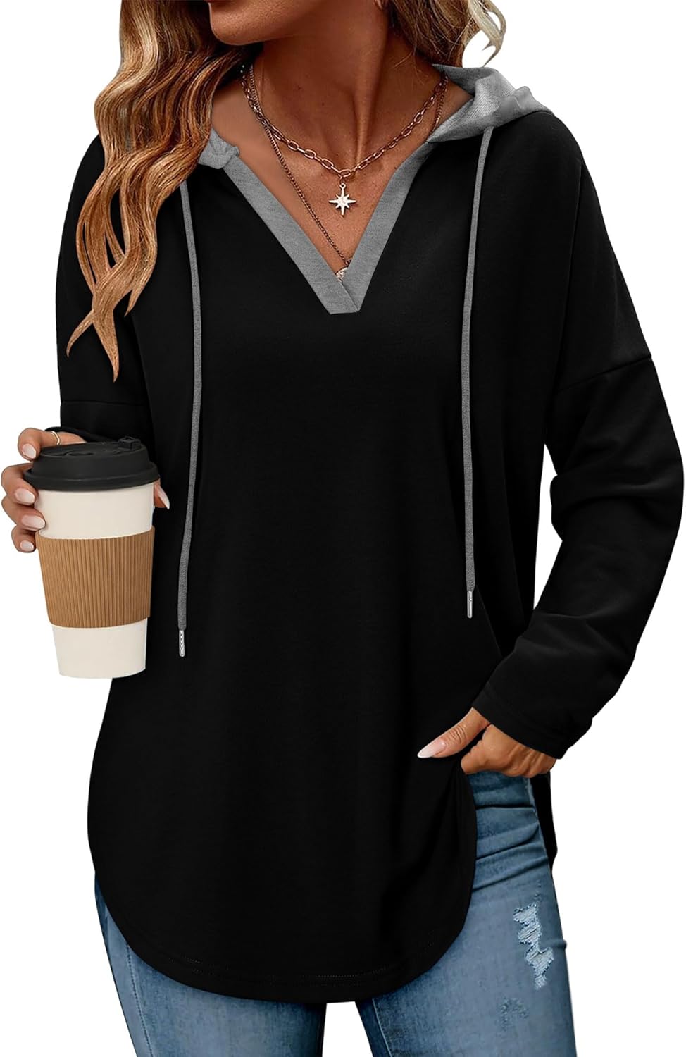 Angerella Womens Fashion Hoodies Pullover Oversized Sweatshirt Long SLeeve Drawstring Hooded Fall Shirts Loose Fit