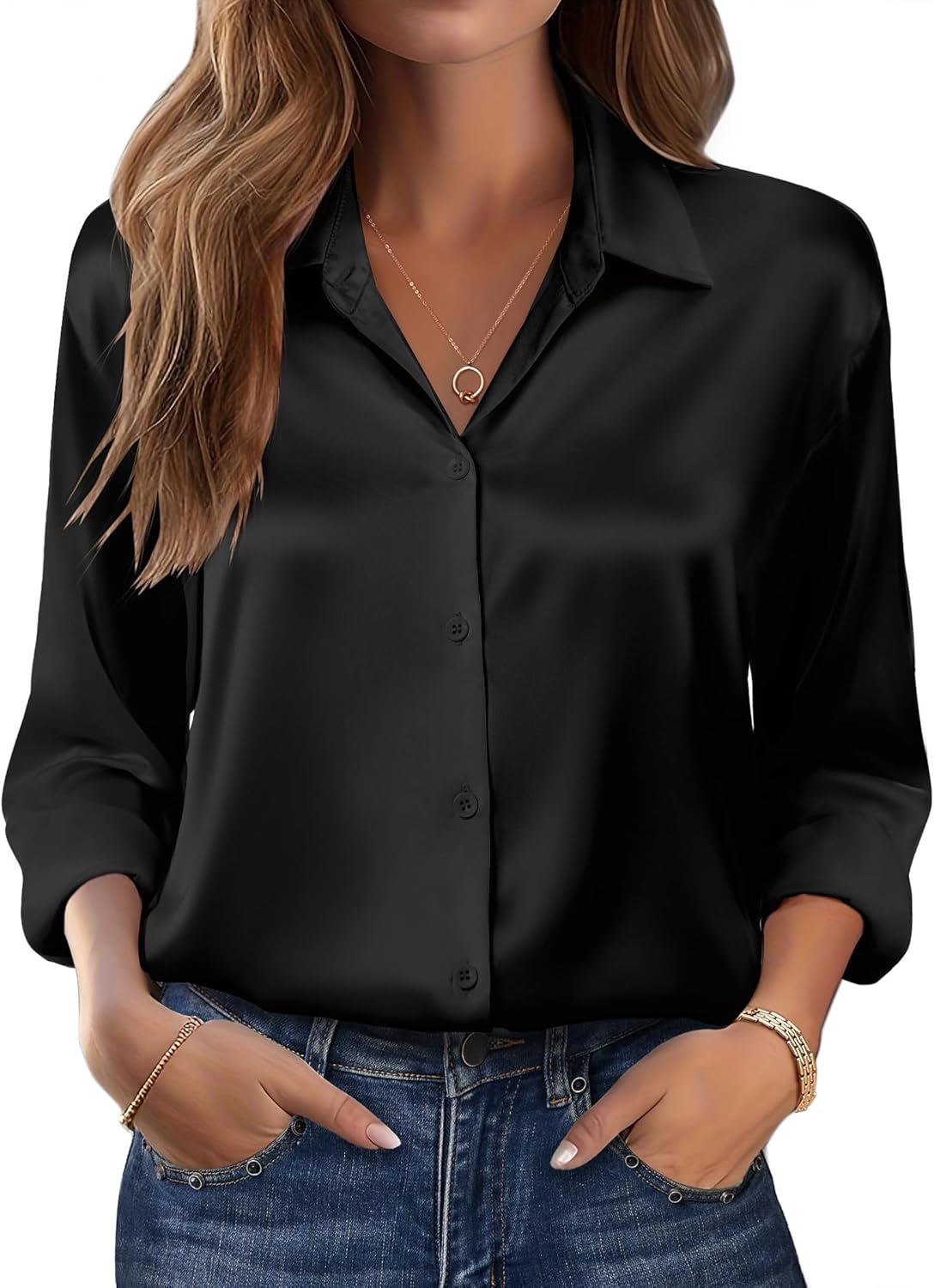 Zeagoo Womens Tops Long Sleeve Satin Silk Button Down Shirts Casual Business Dressy Blouses Fall Clothes