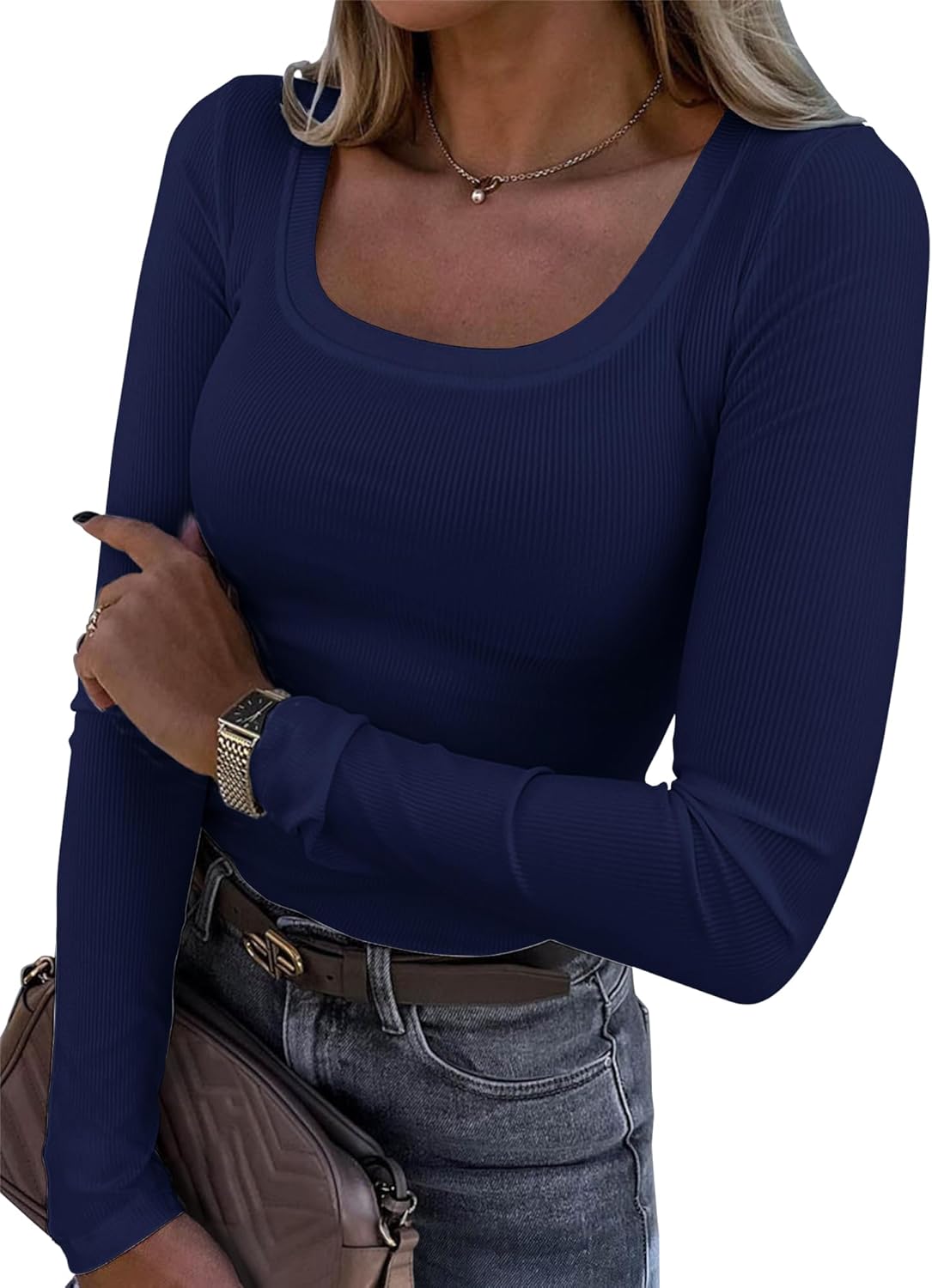 Roselux Womens Long Sleeve Scoop Neck Ribbed Knit Fitted Casual Tops Tee Slim Basic Shirts