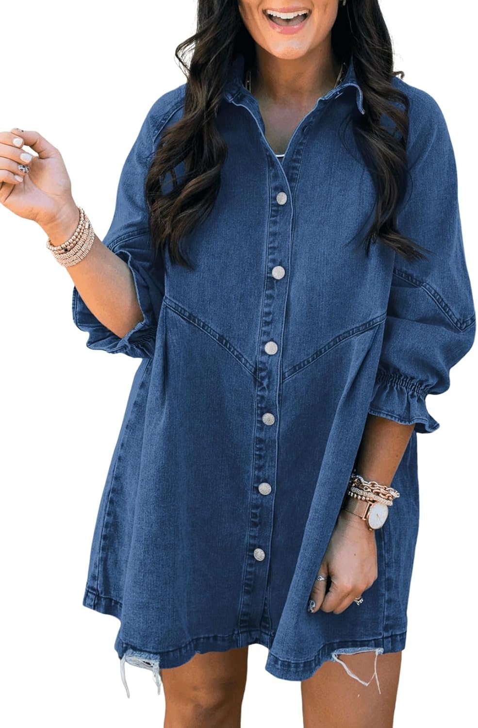 Sidefeel Womens Smocked 3 4 Sleeve Button Down Denim Jeans Dresses