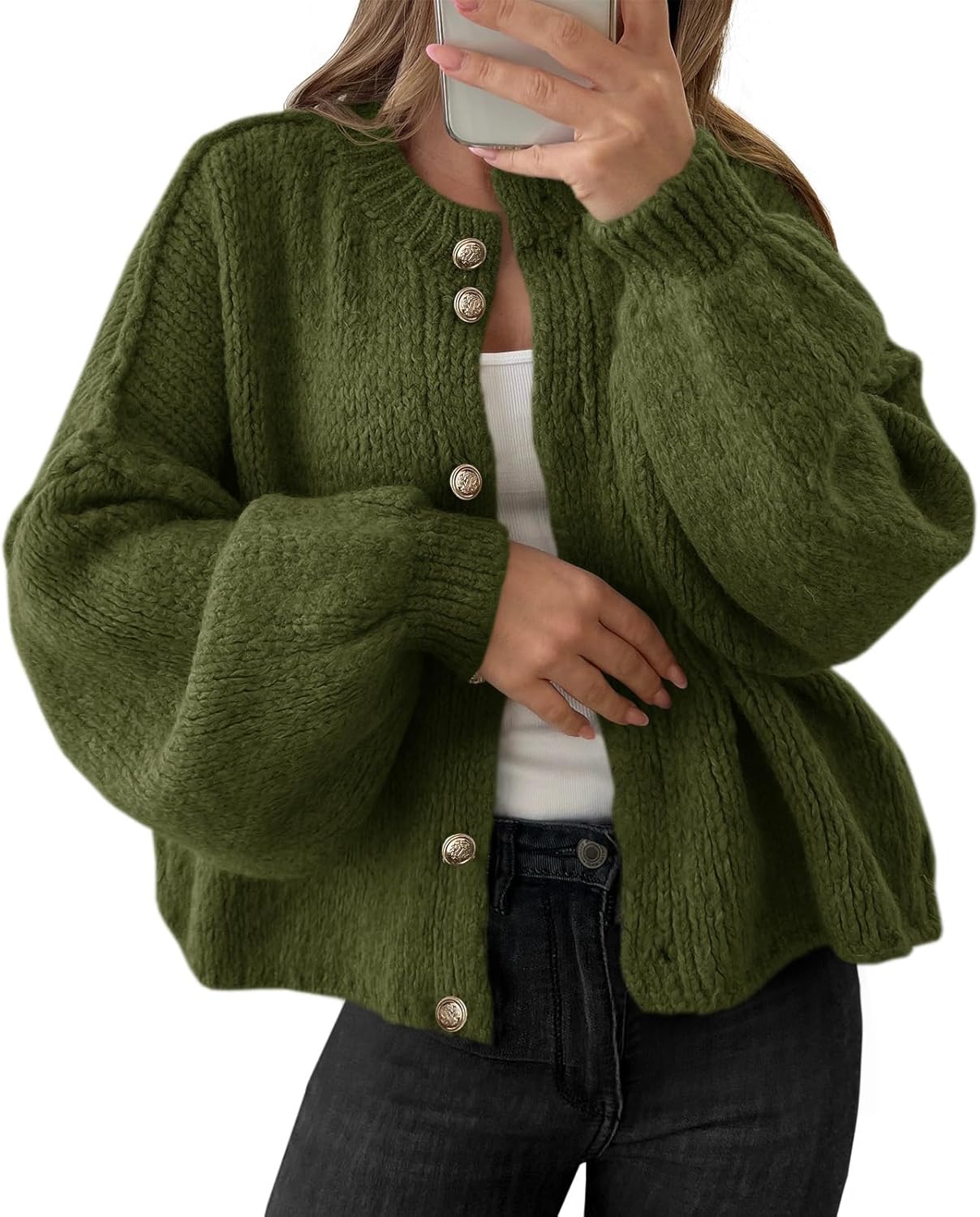 Saodimallsu Womens Oversized Cardigans Button Up Long Lantern Sleeve Chunky Knit Casual Soft Fall Sweater Coats