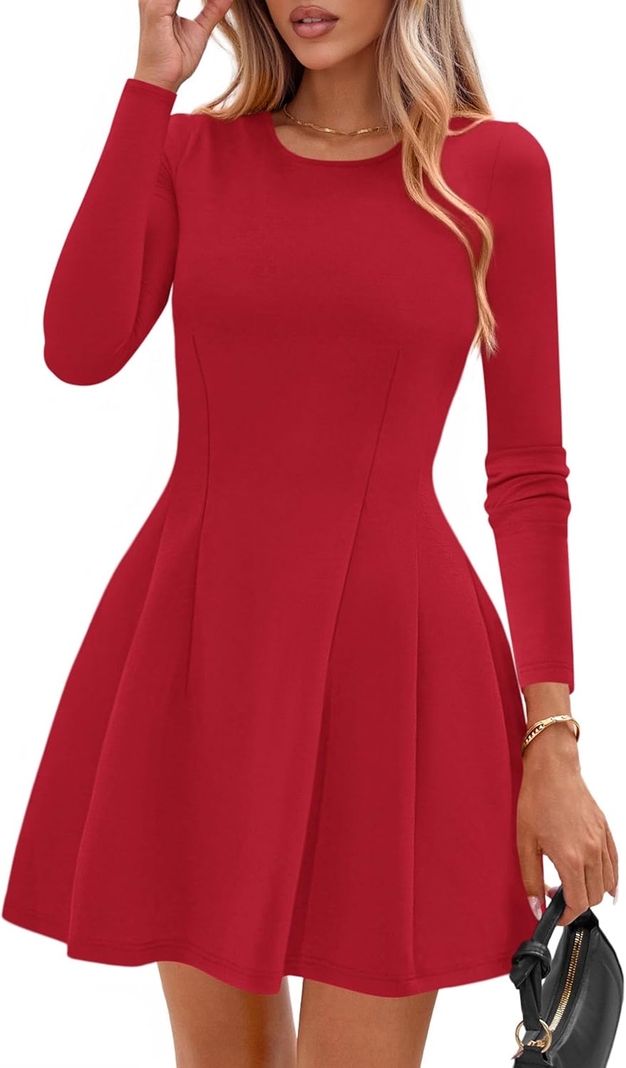 PRETTYGARDEN Long Sleeve Mini Dress for Women 2025 Fall Crewneck Knit Pleated Babydoll A Line Soft Casual Short Party Dresses