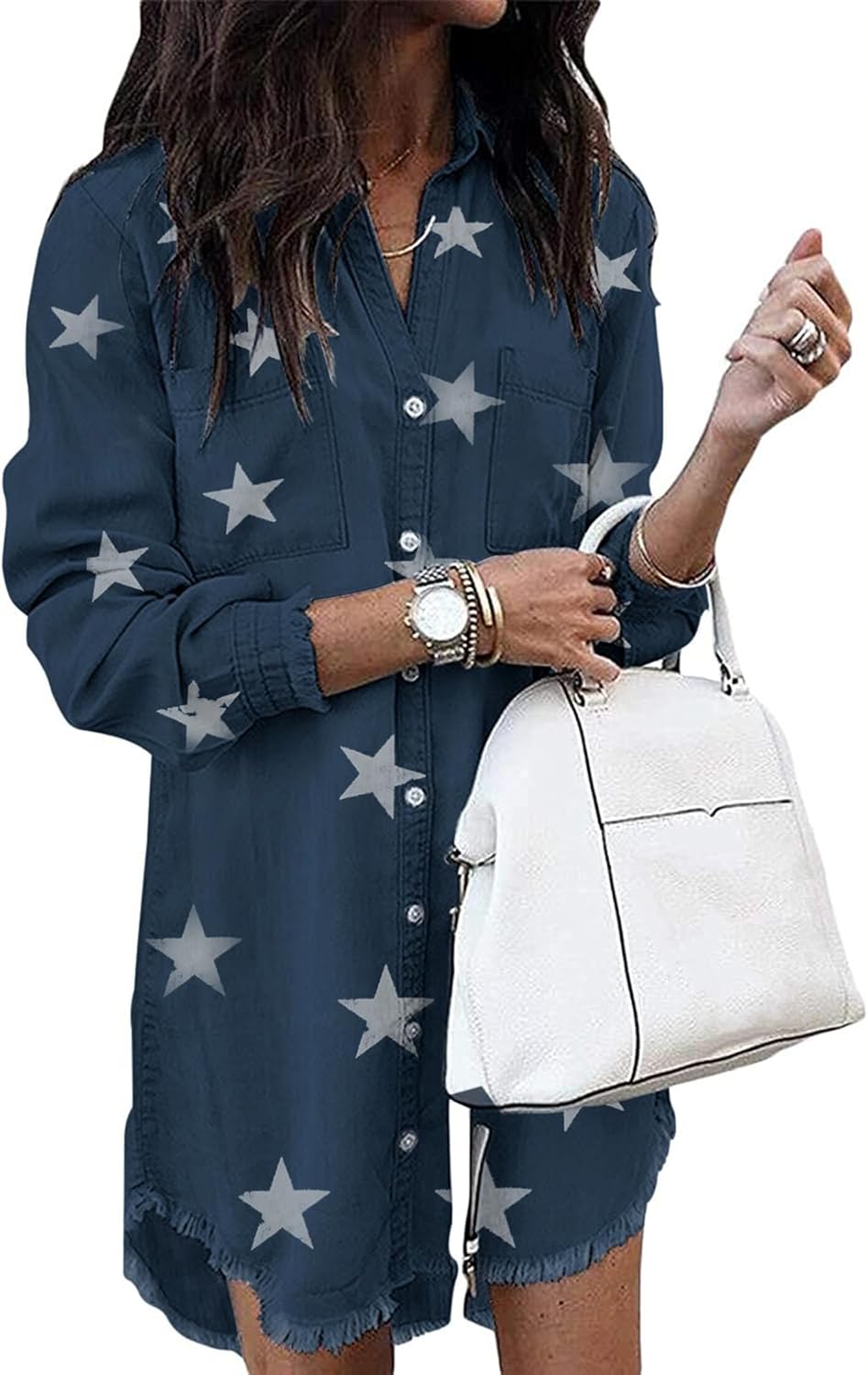 Zilcremo Women Denim Shirt Dresses Long Sleeve Distressed Jean Dress Button Down Casual Tunic Top