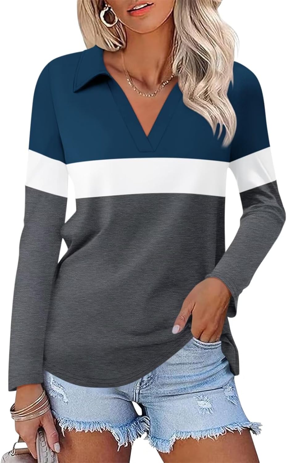 ORANDESIGNE Women's Long Sleeve Polo Shirts Casual Color Block V Neck Tops Fall Collar Ladies Tunics Tees