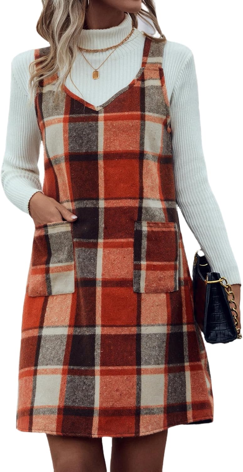 IDEALSANXUN Plaid Overall Dress for Women Fall Winter Sleeveless Plaid Dresses with Pockets