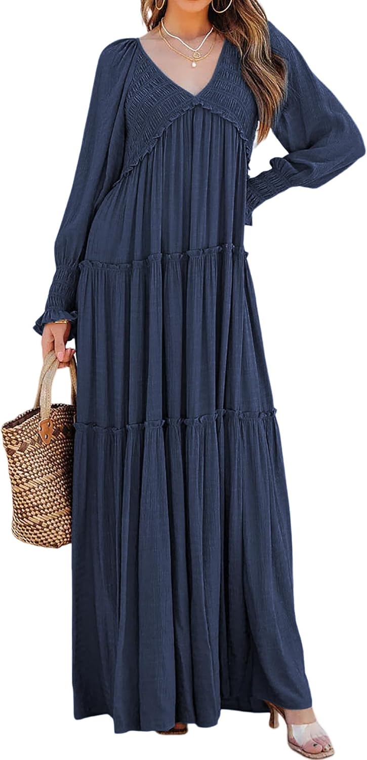 R.Vivimos Maxi Dress for Women Long Sleeve V Neck Empire Waist Layered Ruffle Boho Casual Flowy Long Dresses