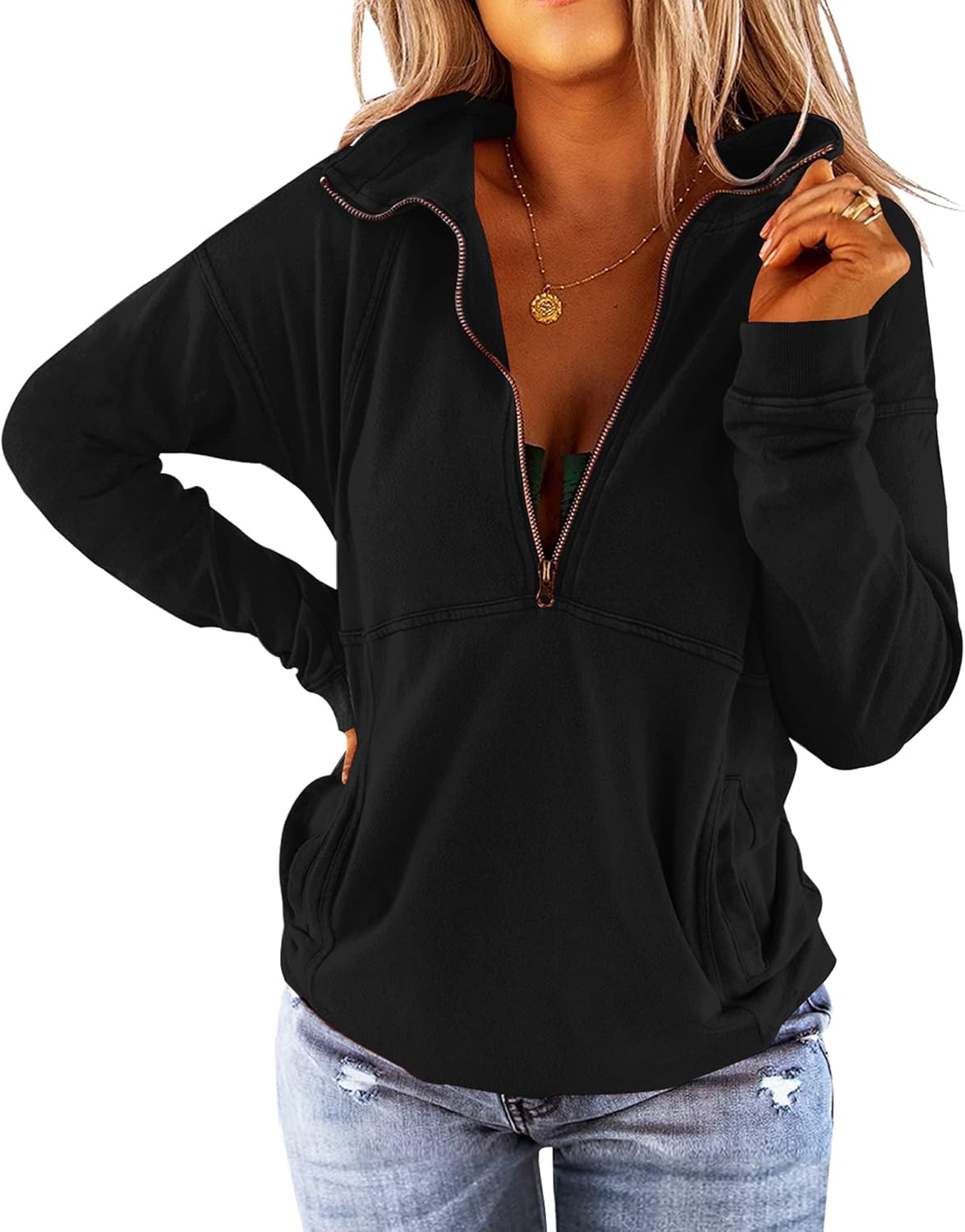 Floral Find Women's Long Sleeve Lapel Half Zip Up Sweatshirt Solid Stylish Loose Fit Casual Pullover Tops