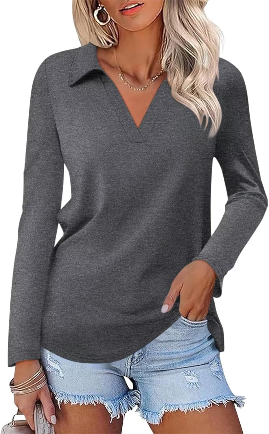 ORANDESIGNE Women's Long Sleeve Polo Shirts Casual Color Block V Neck Tops Fall Collar Ladies Tunics Tees