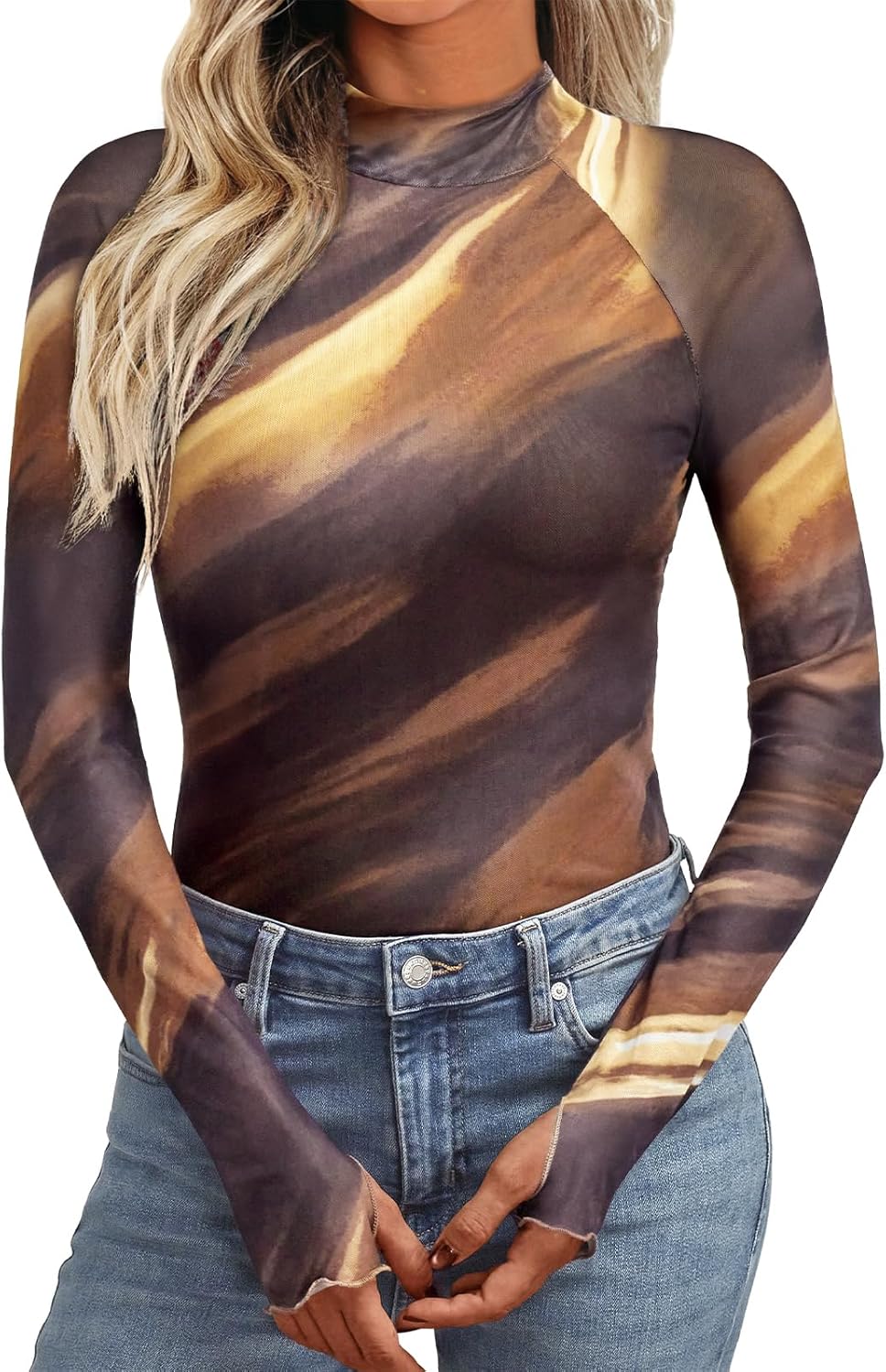 Dealmore Lace Sheer Long Sleeve Floral Mesh Mockneck Trendy Cute Going Out Tops for Women Fall Fashion Outfits 2025 Clothes