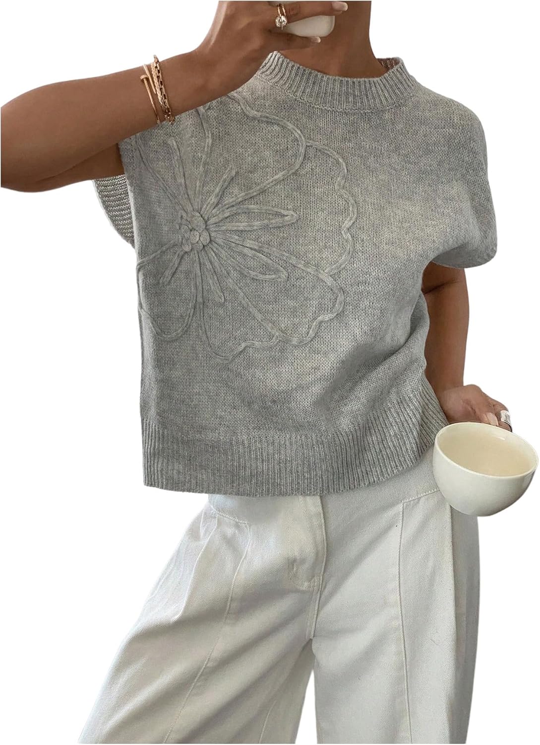 SOLY HUX Women's Ribbed Sweater Crew Neck Short Sleeve Loose Fit Floral Knit Pullover Tops