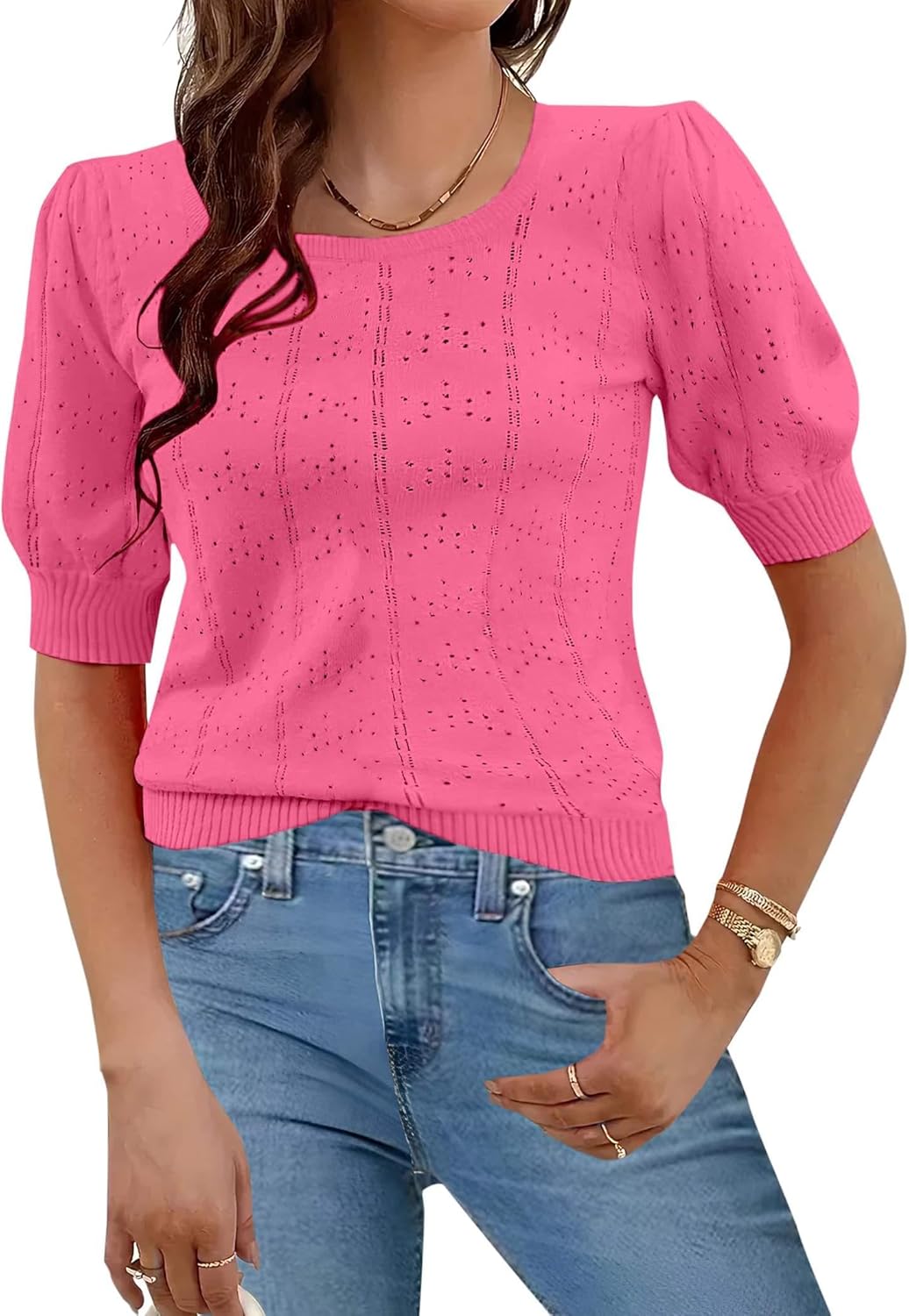 HOTOUCH Sweaters for Women 2025 Fall Trendy Tops Casual Puff Sleeve Square Neck Cute Tunic Pullover Blouses XS-XXL