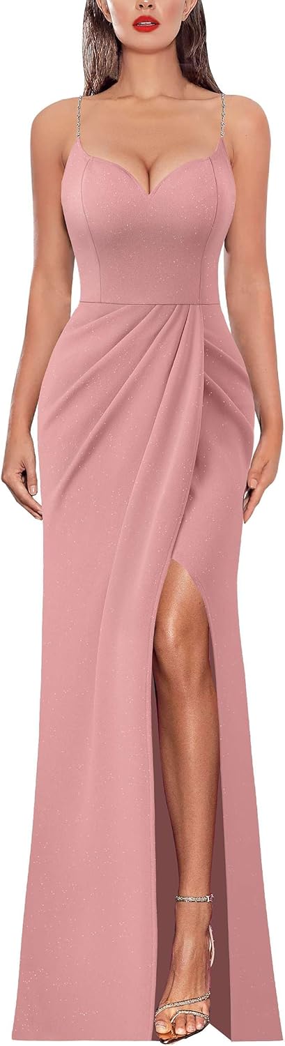 VFSHOW Womens Sexy Formal Ruched Fitted High Slit Bodycon Maxi Dress Spaghetti Strap Sweetheart Cocktail Prom Evening Gown