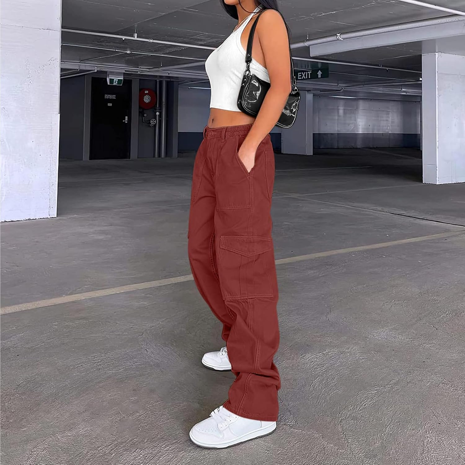 Lepunuo Cargo Pants for Women High Waisted Casual Pants Baggy Stretchy Wide Leg Y2K Streetwear with 6 Pockets