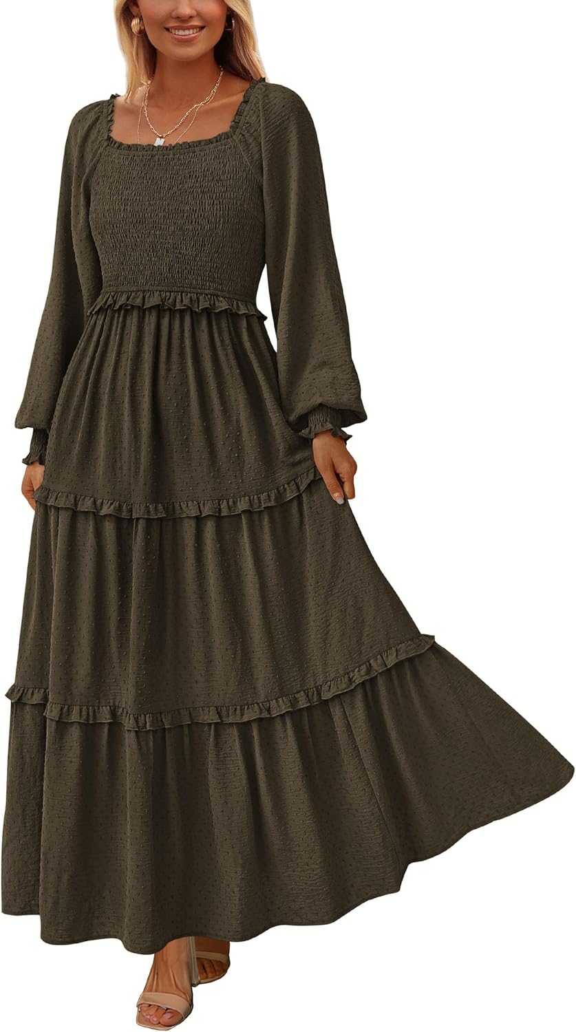 PRETTYGARDEN Fall Dresses for Women 2025 Long Sleeve Smocked Square Neck Swiss Dot Tiered Flowy Wedding Guest Maxi Dress