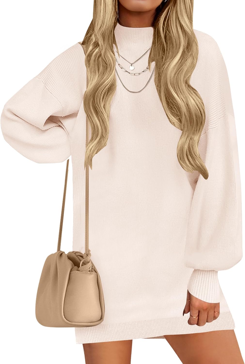 ZESICA Women's 2025 Fall Turtleneck Sweater Dress Oversized Long Lantern Sleeve Casual Knit Pullover Mini Dresses