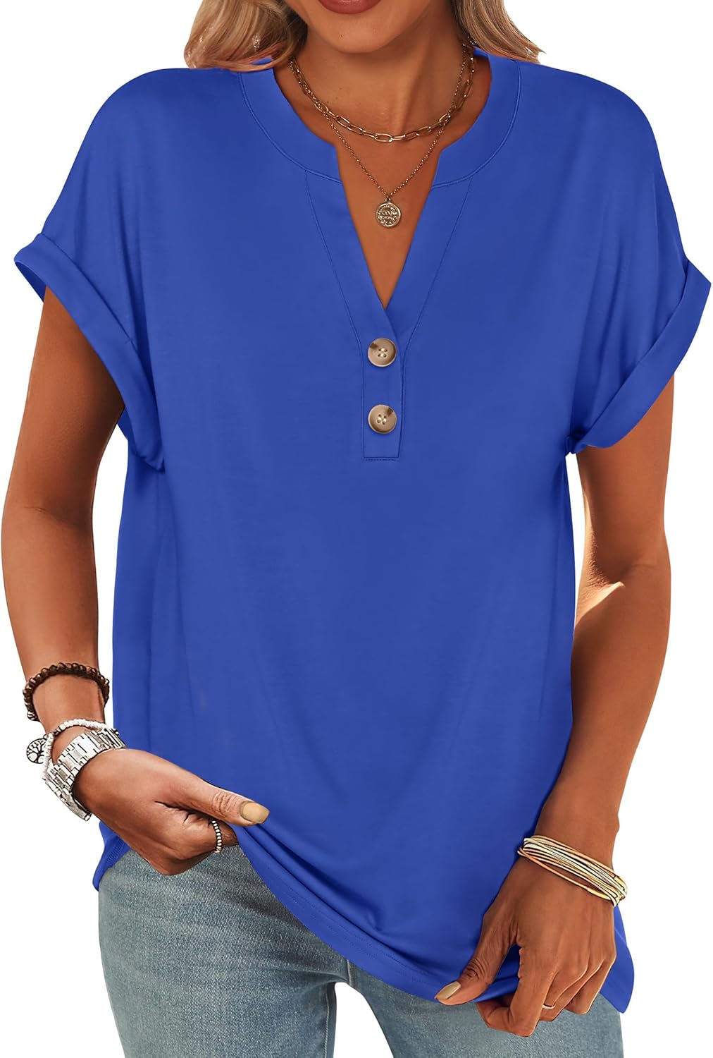 ANRABESS Womens Short Sleeve Henley Tops V Neck Dressy Casual Blouses Summer Trendy Tee Shirts 2025 Vacation Fashion Clothes