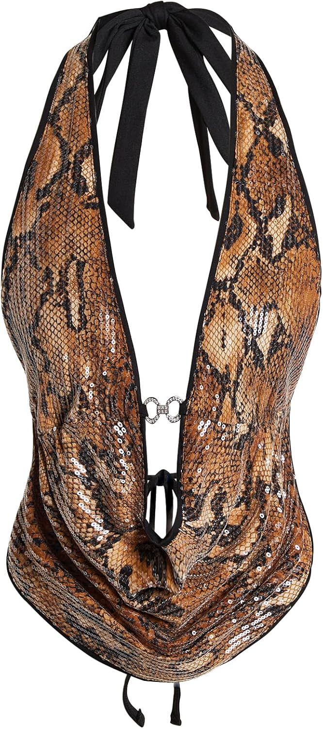Verdusa Women's Cheetah Print Sequin Top Y2K Tie Back Corset Halter Going Out Crop Tops