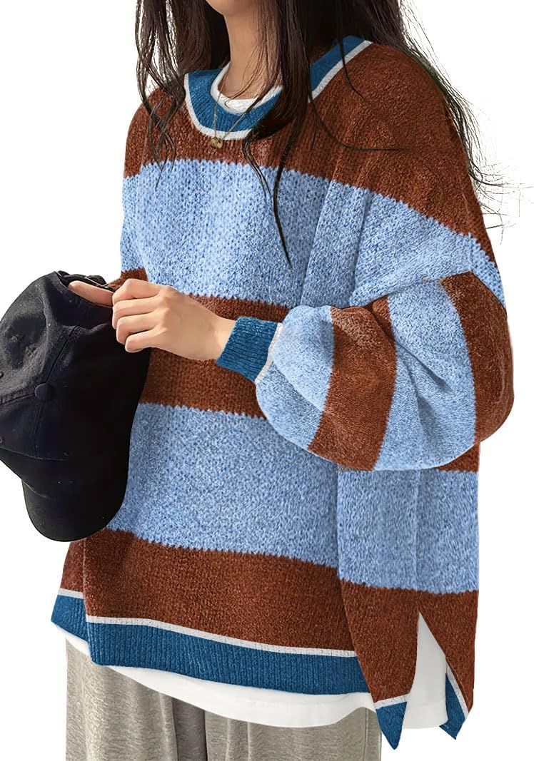 Women's Oversized Crewneck Sweaters Batwing Long Sleeve Side Slit Ribbed Knit Pullover Sweater Tops