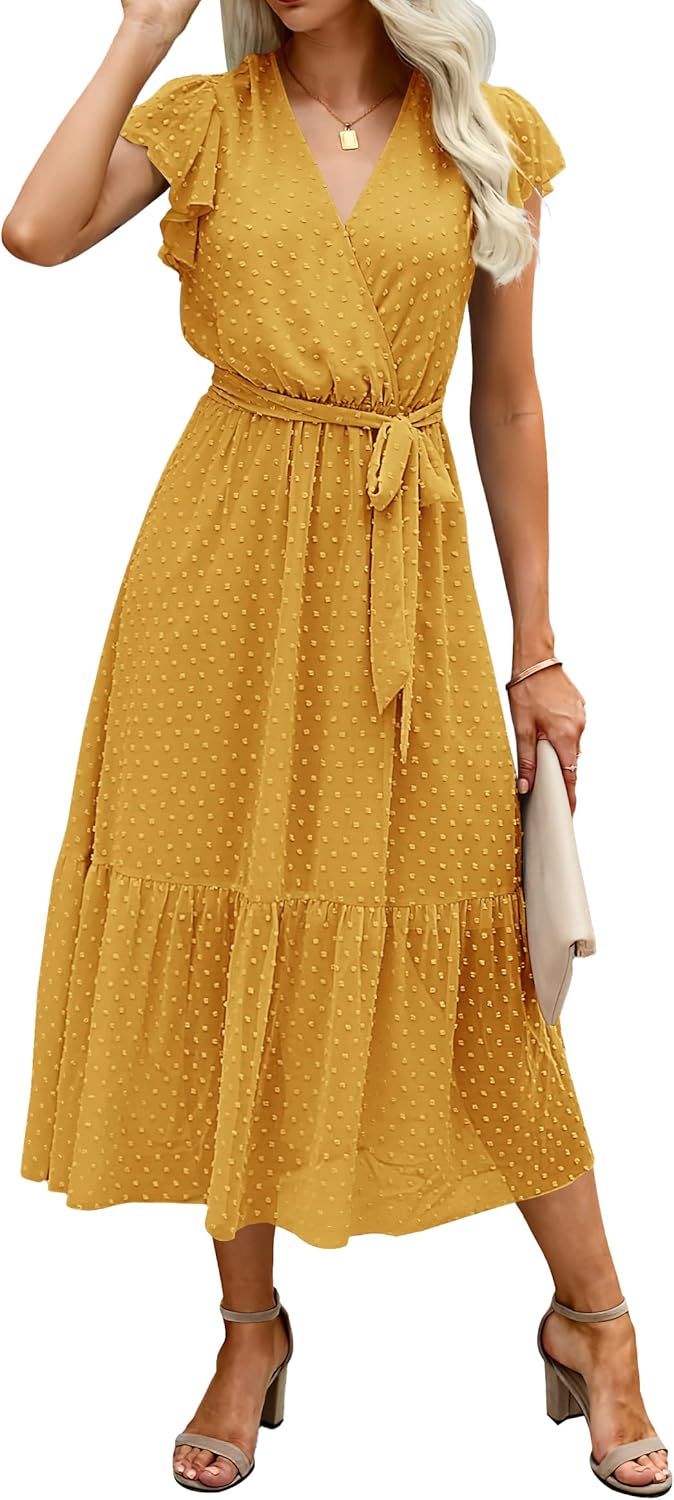 BTFBM Women Summer Bohemian Floral Casual Wrap V Neck Ruffle Cap Sleeveless Belt A-Line Pleated Hem Midi Sun Dress White