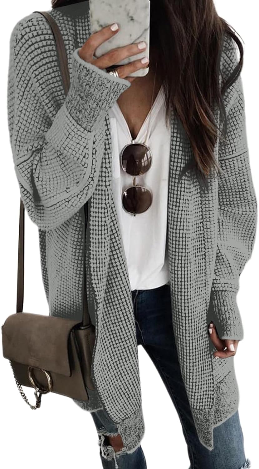 Sidefeel Womens 2025 Fall Outfits Long Sleeve Open Front Cardigan Sweaters Oversized Checkered Chunky Knit Sweaters Coat