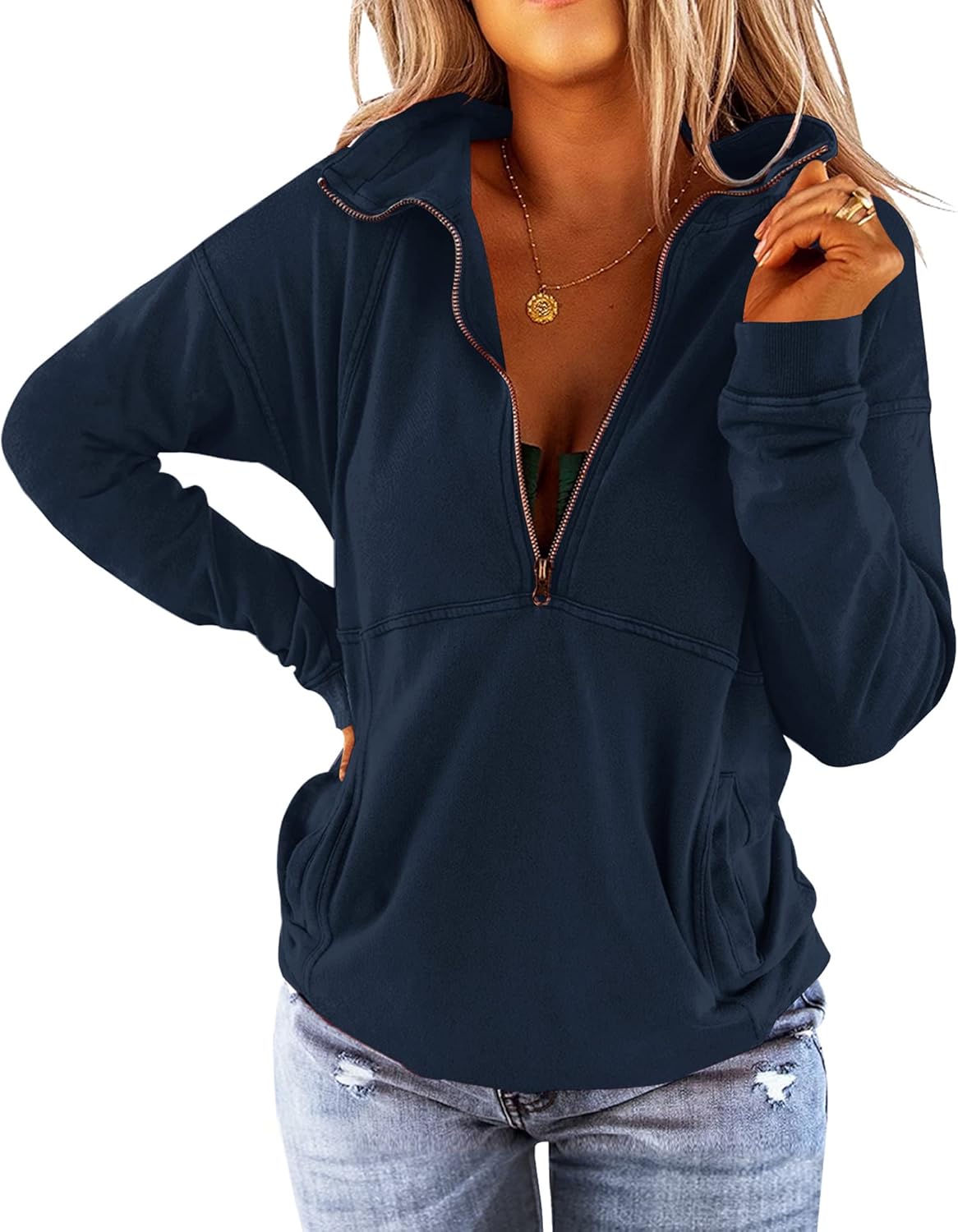 Floral Find Women's Long Sleeve Lapel Half Zip Up Sweatshirt Solid Stylish Loose Fit Casual Pullover Tops