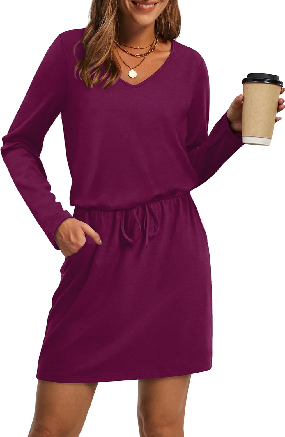 OFEEFAN Fall Dresses for Women 2025 Loose V Neck Long Sleeve T Shirts Casual Sundresses Tie Front A-Line Dresses