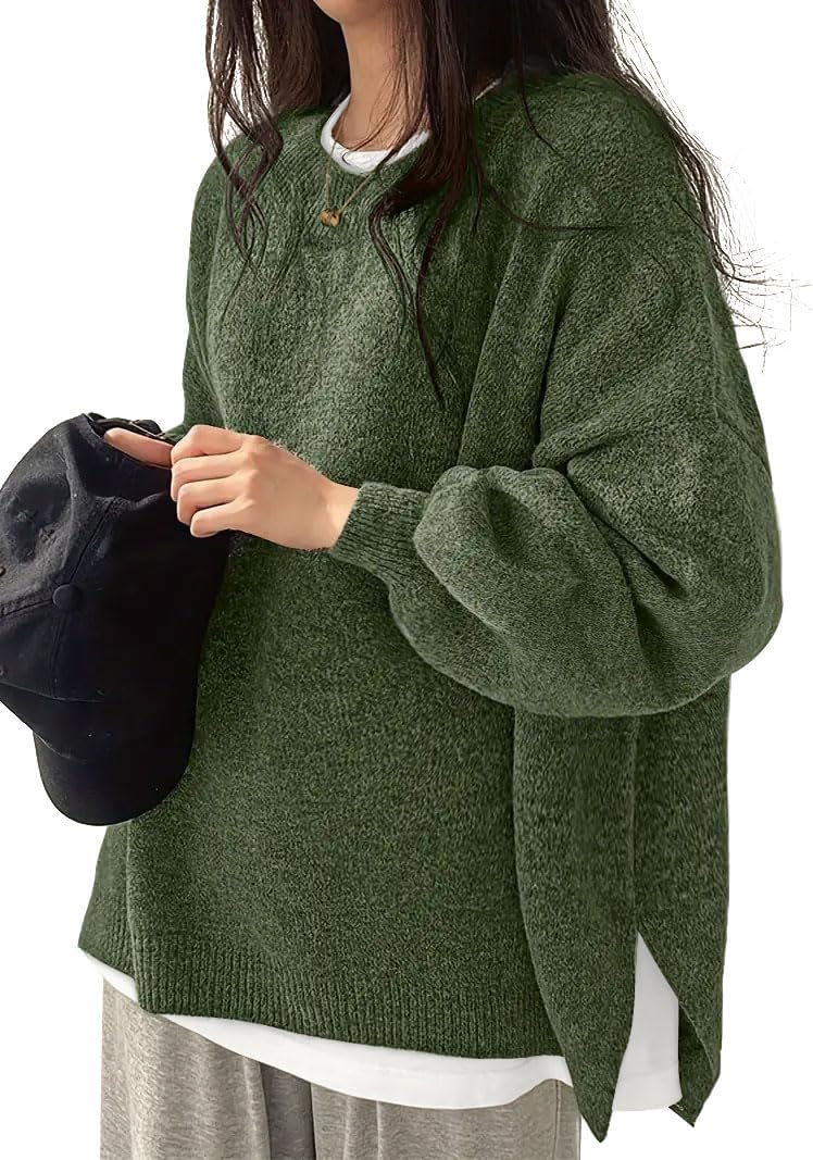 Women's Oversized Crewneck Sweaters Batwing Long Sleeve Side Slit Ribbed Knit Pullover Sweater Tops