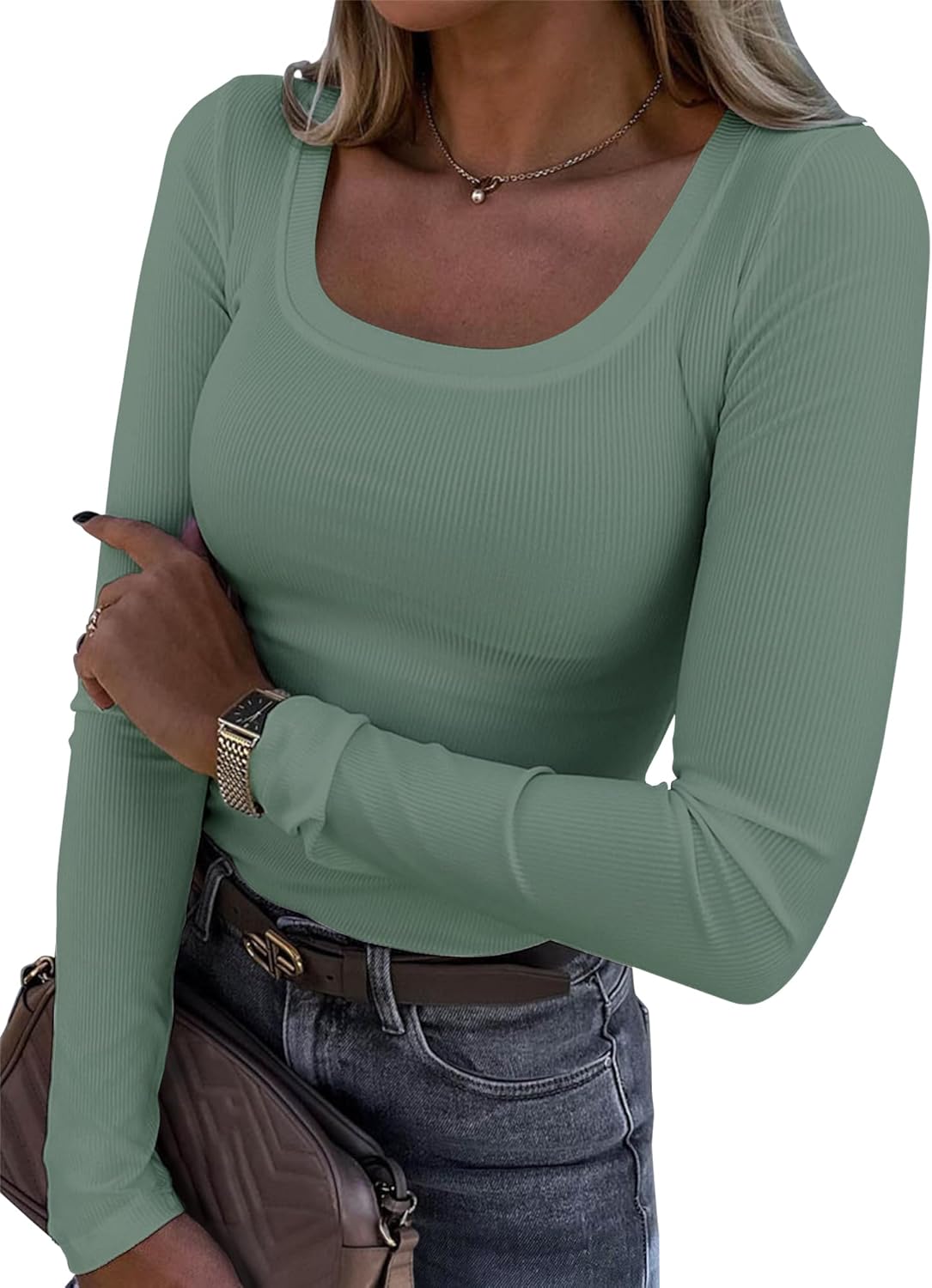 Roselux Womens Long Sleeve Scoop Neck Ribbed Knit Fitted Casual Tops Tee Slim Basic Shirts