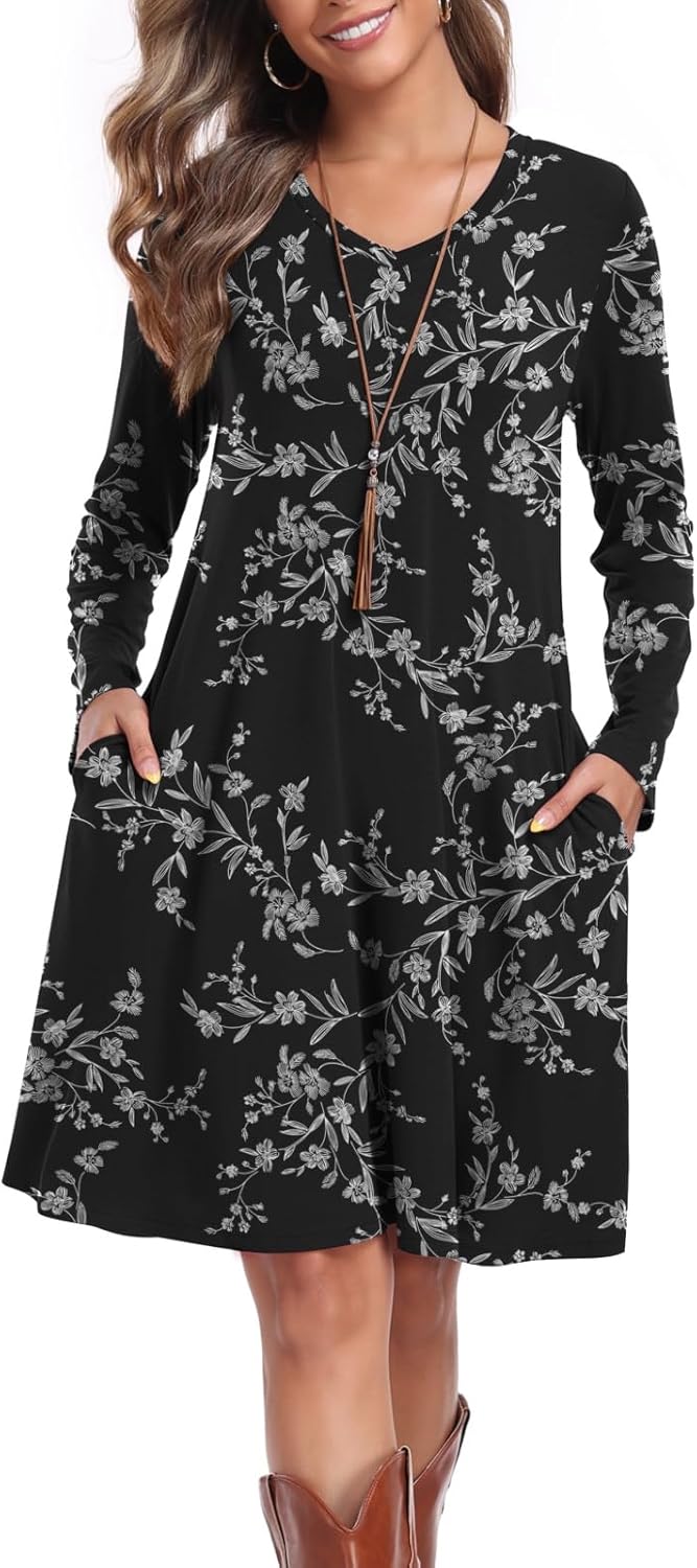 Women's Casual T Shirt Dresses Fall Long Sleeve Swing Dress with Pockets