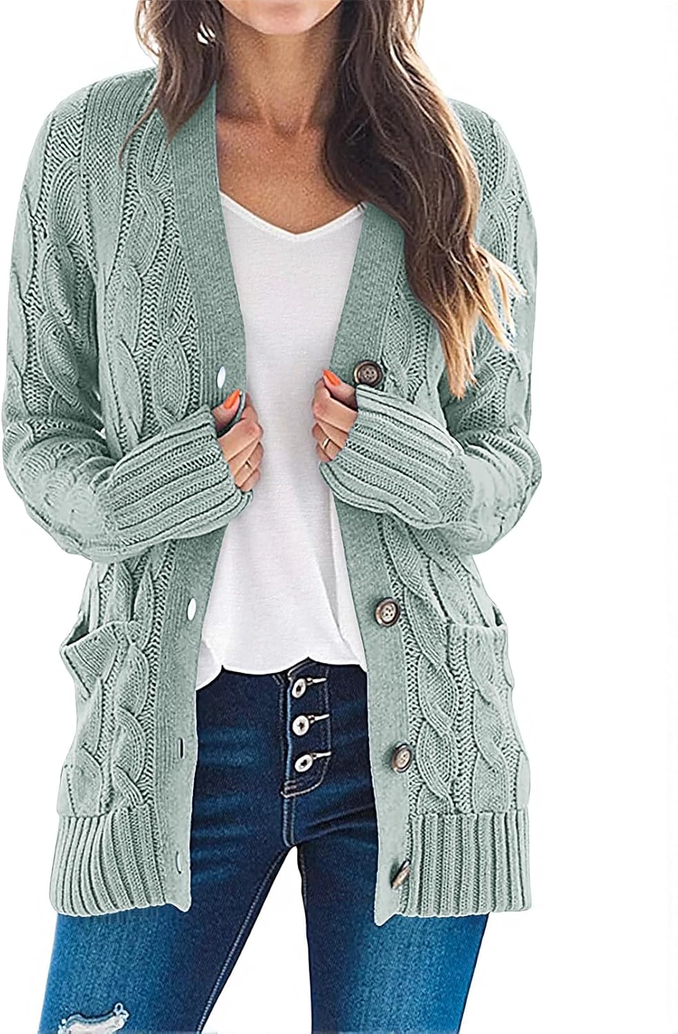 MEROKEETY Women's 2025 Fall Long Sleeve Cable Knit Sweater Open Front Cardigan Button Loose Outerwear