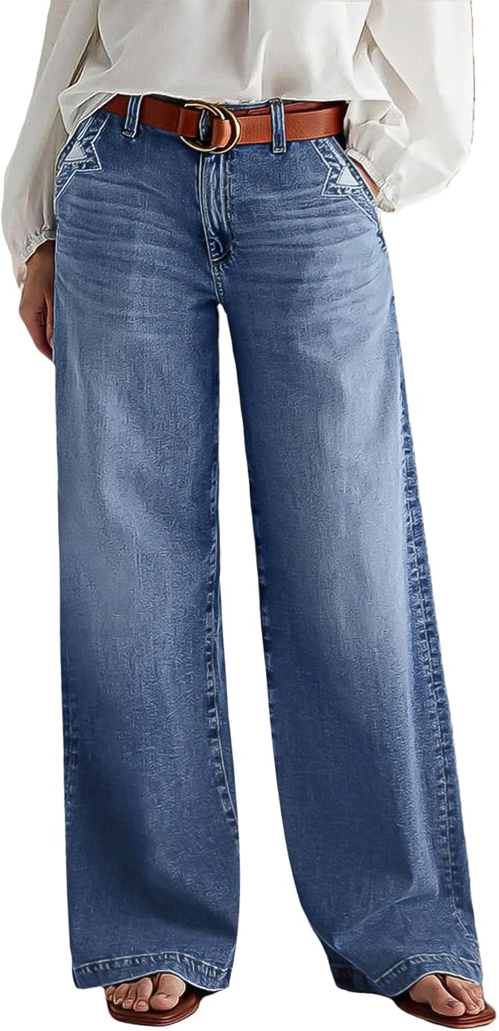 Flamingals Wide Leg Jeans for Women Mid Waist Baggy Stitch Decor Denim Washed Pants Without Belt