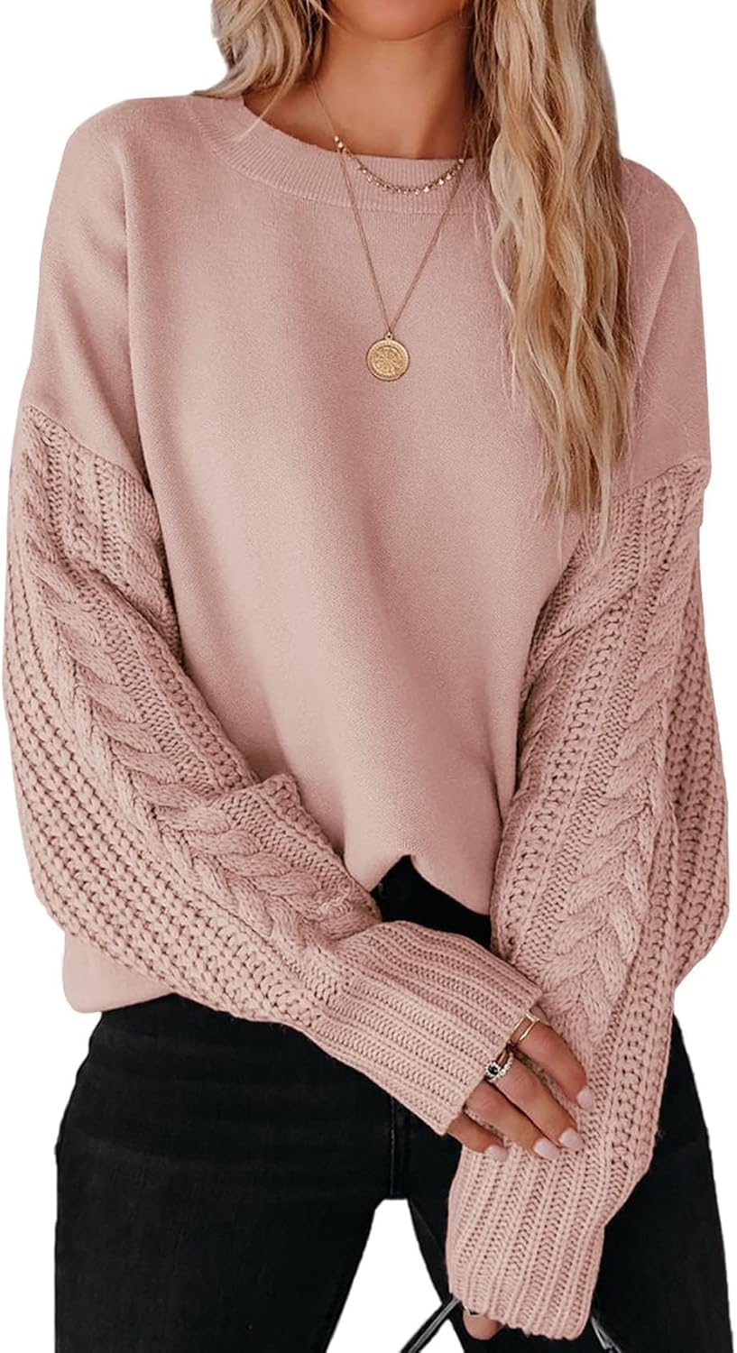 ZESICA Women's 2025 Fall Long Sleeve Crew Neck Solid Color Cable Knit Chunky Casual Oversized Pullover Sweater Tops