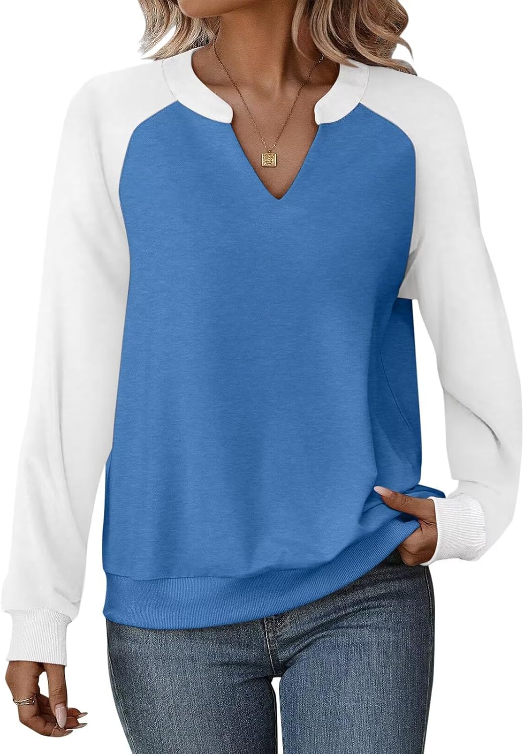 EADINVE Women Casual Long Sleeve V Neck Sweatshirts Cute Loose Fit Lightweight Pullover Tops