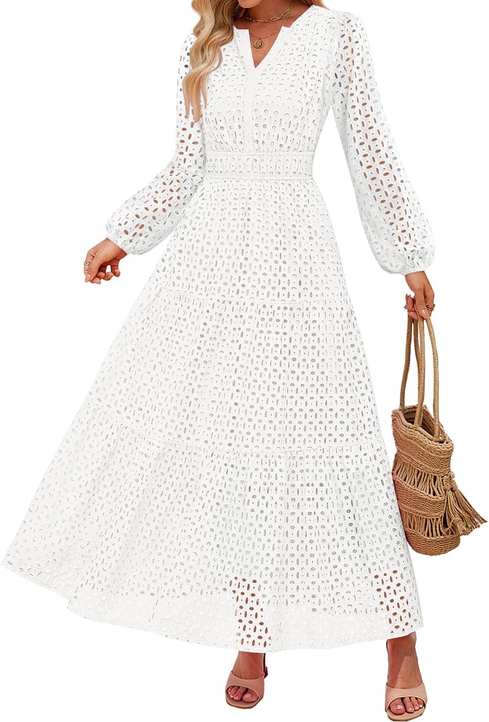 ZESICA Women's 2025 Fall Long Sleeve Maxi Dress V Neck Hollow Out Eyelet A Line Long Flowy Casual Party Dresses