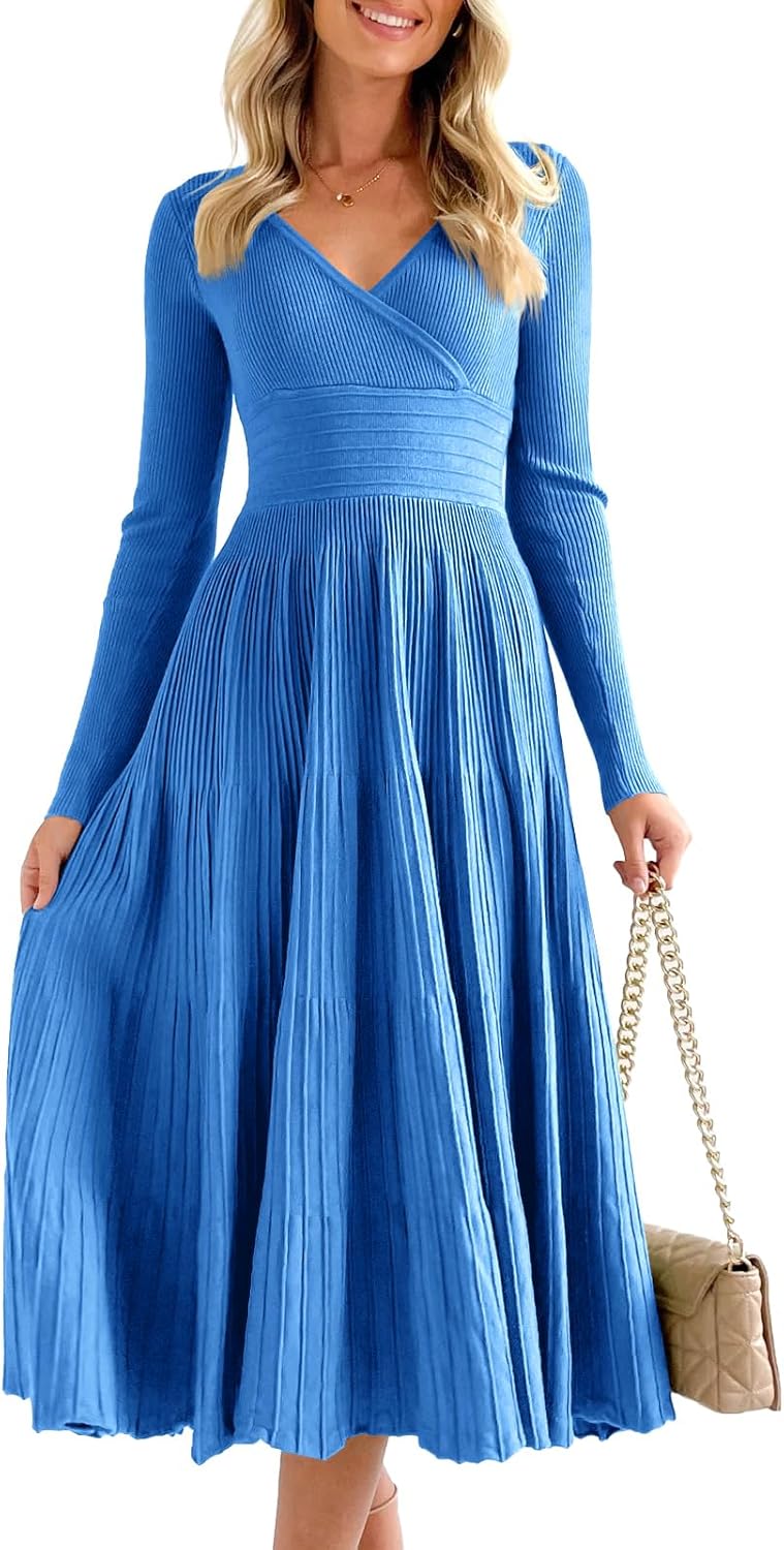 Saodimallsu Womens Long Sleeve Midi Sweater Dress Wrap V Neck Pleated A Line Fit Flare Elegant Knit Maxi Dress
