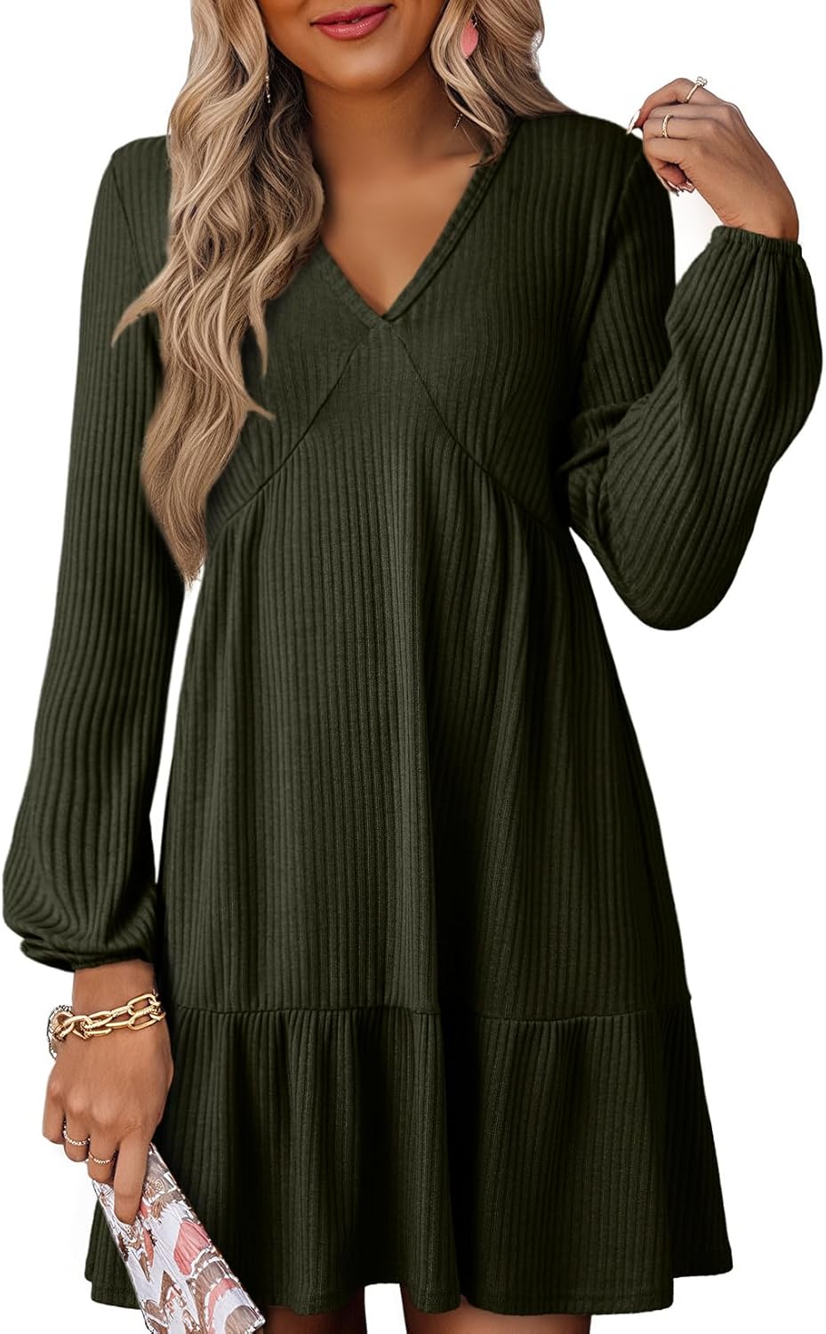 Dokotoo Fall Dresses for Women 2025 Long Sleeve V Neck Lightweight Ribbed Knit Empire Waist Casual A Line Swing Mini Dress