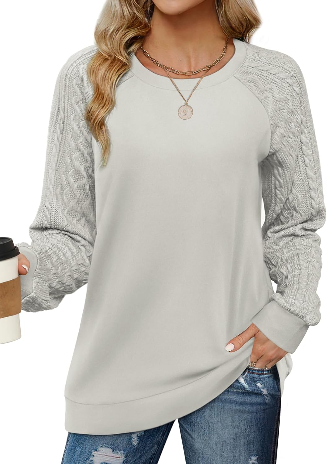 Saloogoe Sweatshirts for Women Crewneck Cable Knit Sleeve Sweaters Lightweight Fashion 2025