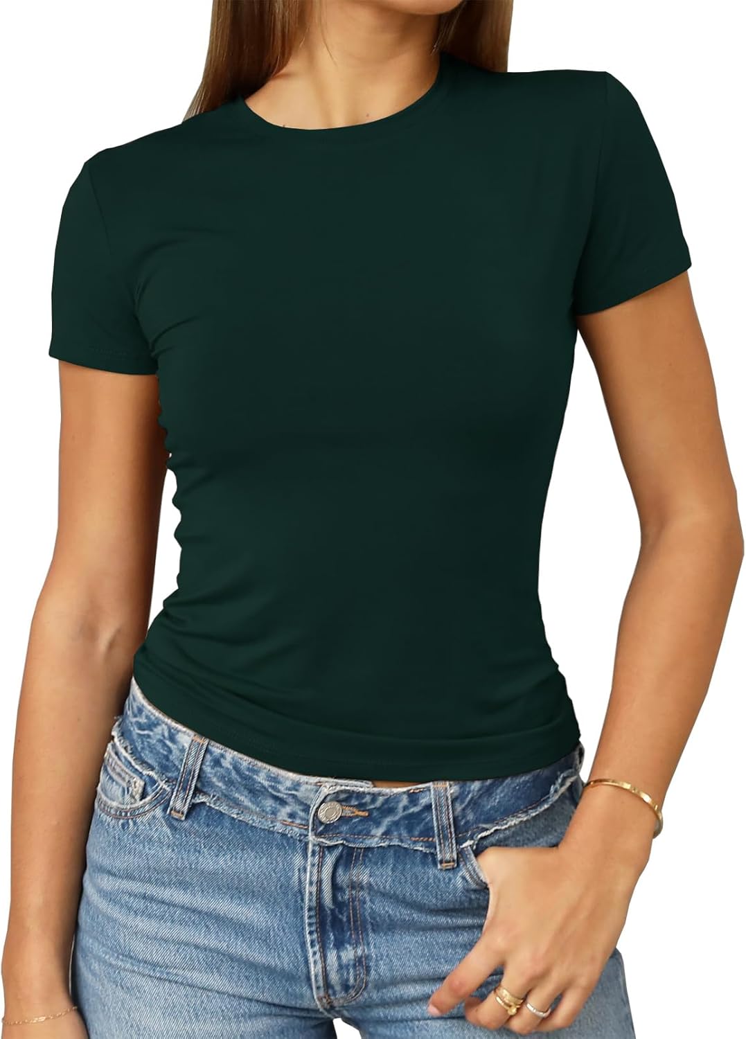 Abardsion Women's Casual Basic Going Out Crop Tops Slim Fit Short Sleeve Crew Neck Tight T Shirts 2025